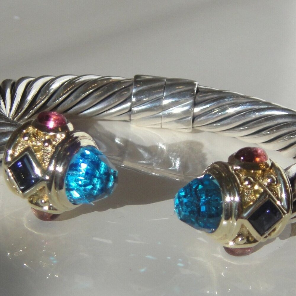Vintage David Yurman Renaissance  Blue Topaz, Garnet & Iolite bracelet 9mm cable
